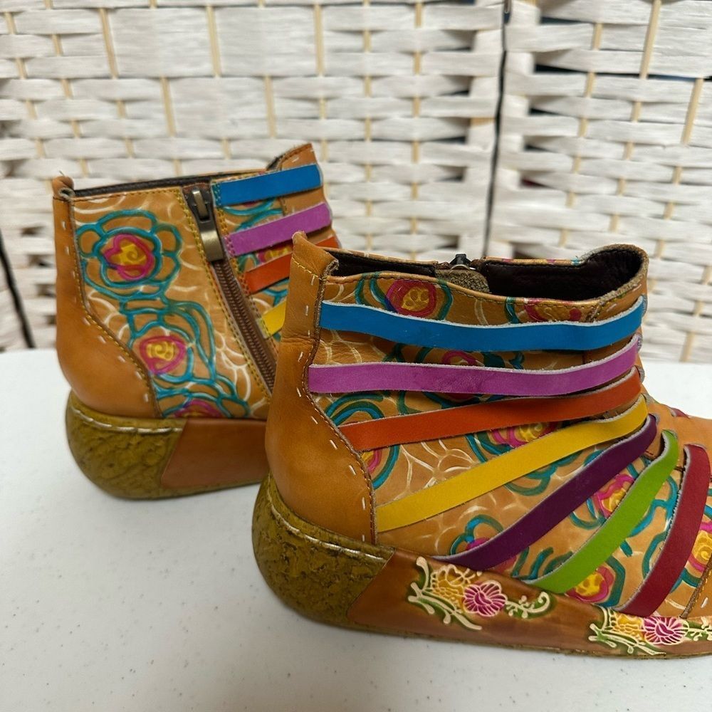 Socofy Ankle boots women’s sz 6.5eu 37 boho like new colorful cork look heel zip - Picture 7 of 10